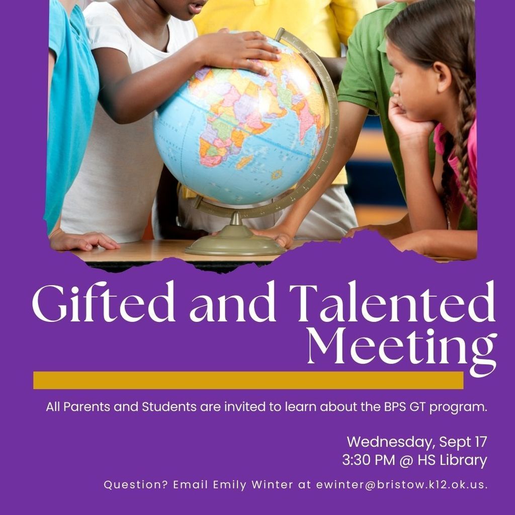 Gifted and Talented Meeting at the HS Library on Wednesday Sept 17 at 3:30 PM. 