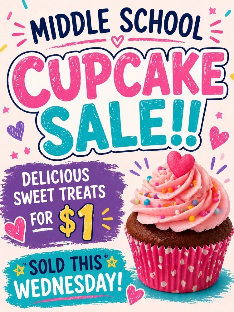 Cupcake Sale at the Middle School tomorrow for just $1