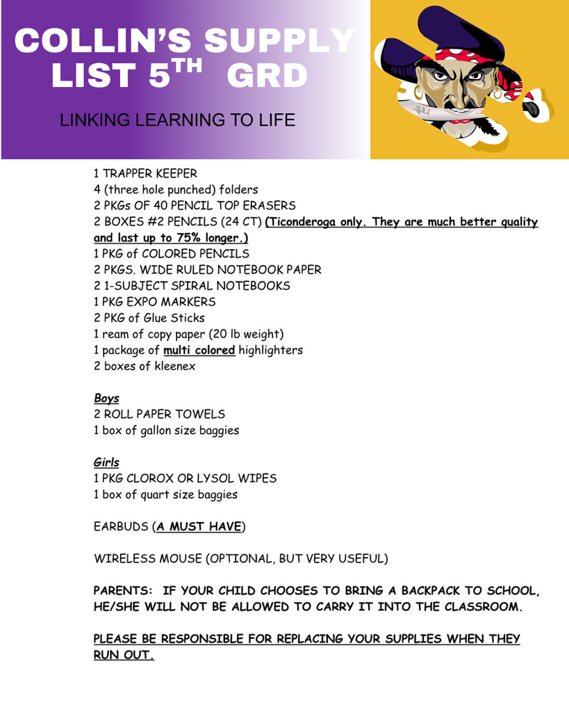 5th grade supply list