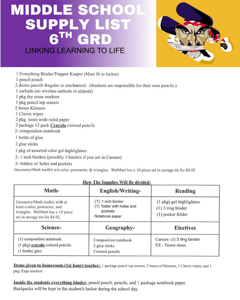 6th grade supply list