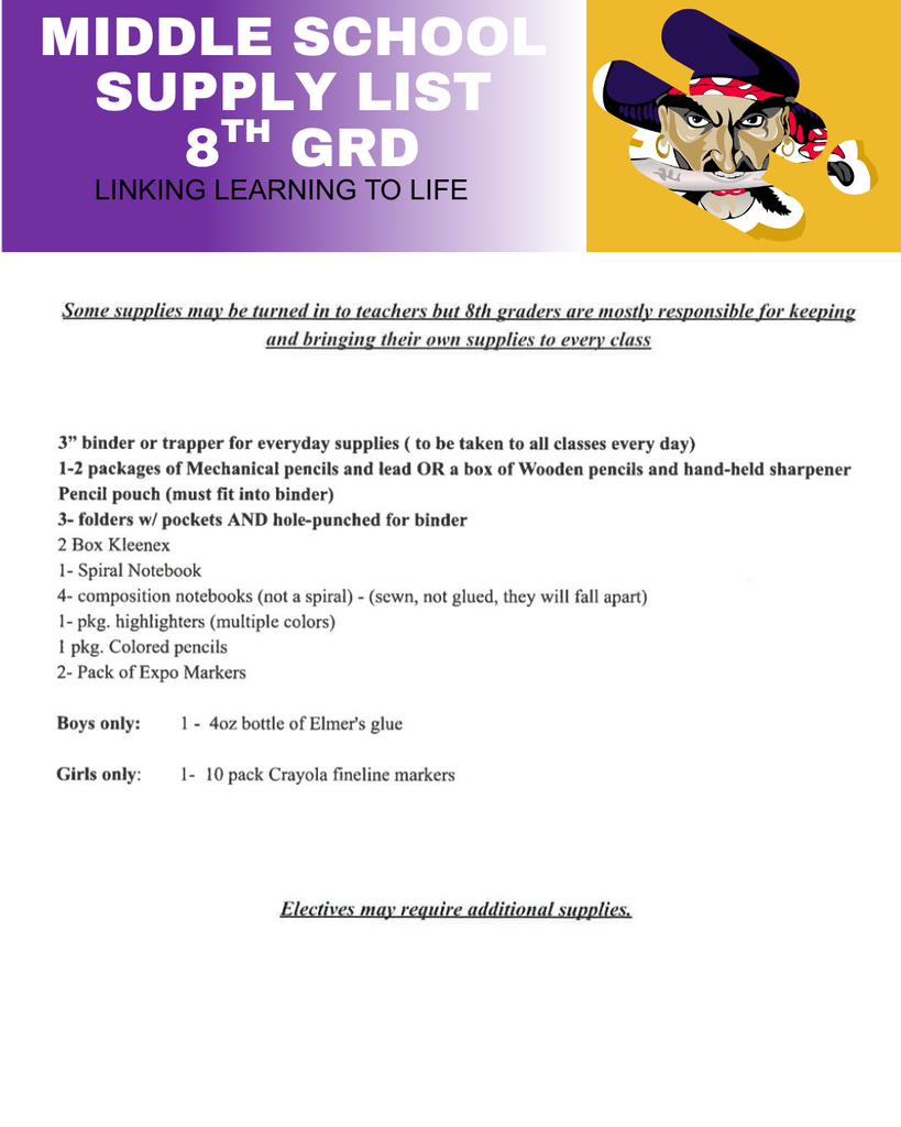 8th grd supply list