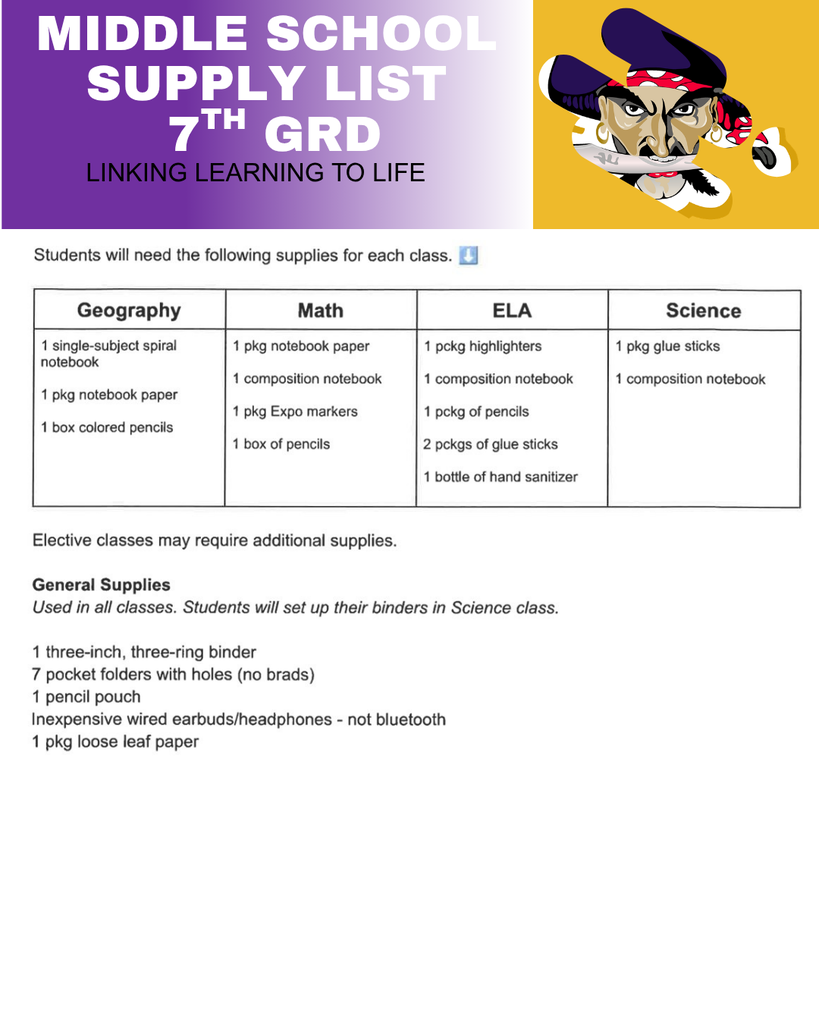 7th grd supply list