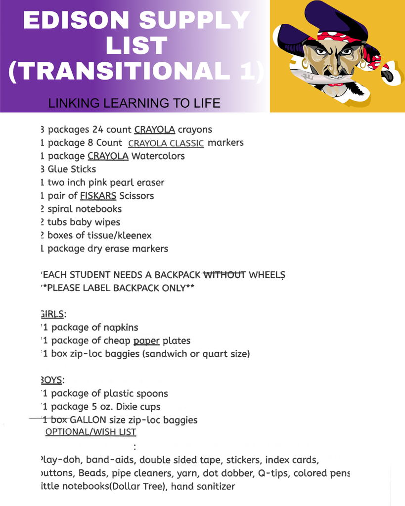 transitional 1 supply list