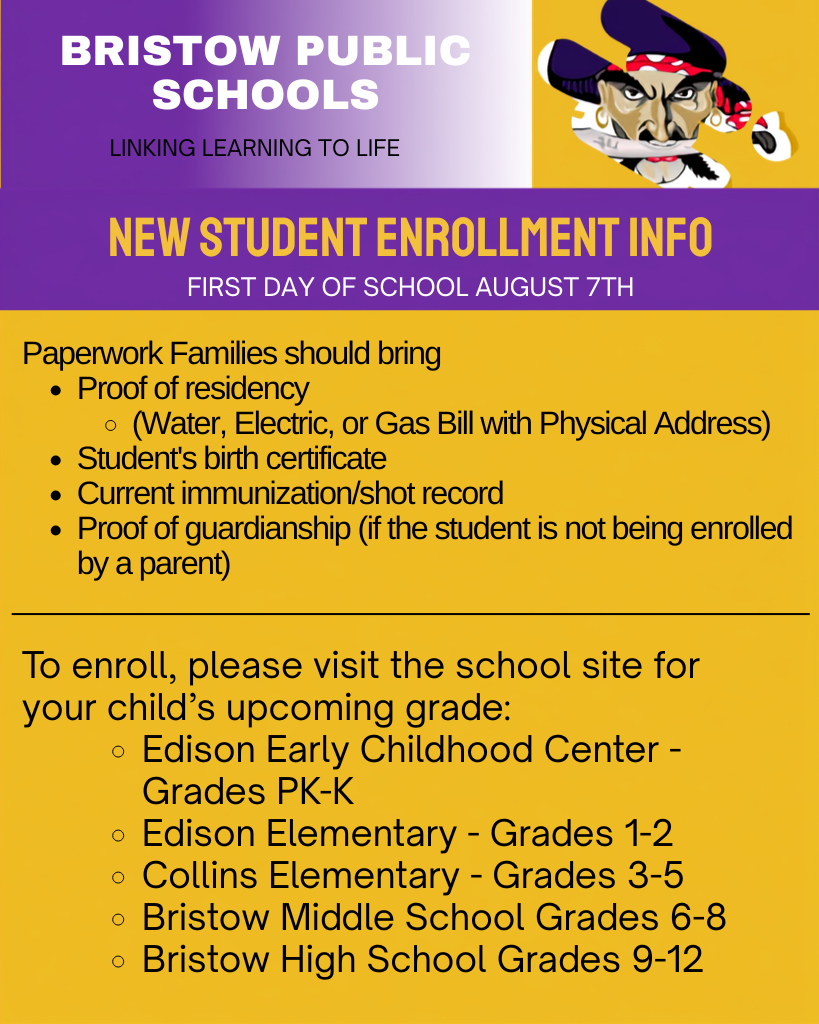 Enrollment Starts Today, July 27, 2026. Parents need to stop by to enroll new students at the site where students will be attending school. Edison for grades PreK-2nd, Collins for grades 3rd-5th, Middle School for grades 6th-8th, and High School for grades 9th-12th.