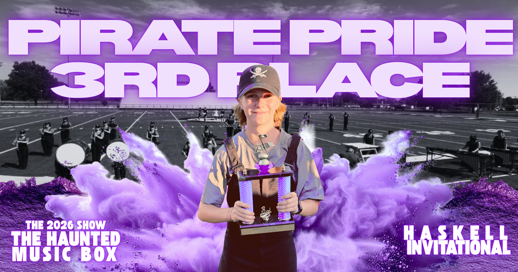 Pirate Pride drum major Amelia Brandt holds the trophy won by the band at the 2026 Haskell Invitational