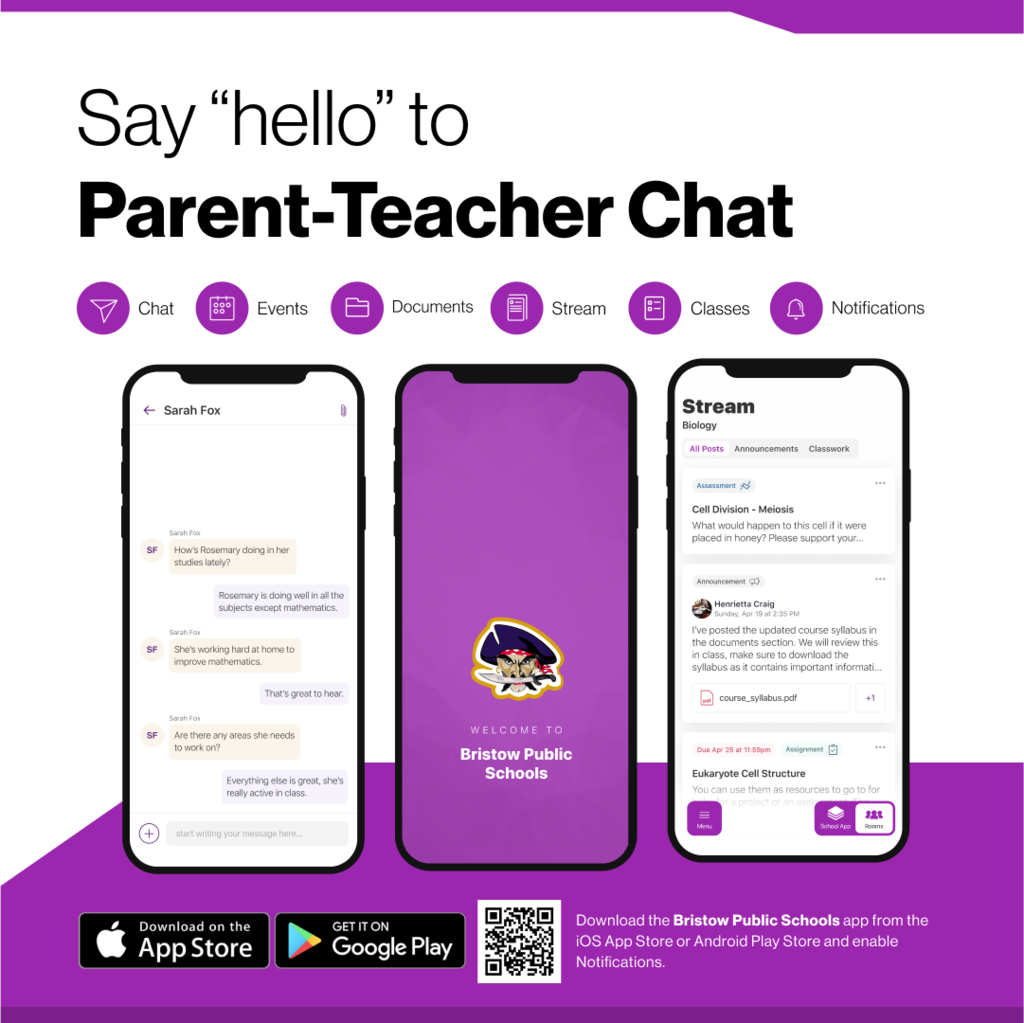say hello to parent teacher chat in the Bristow Public Schools app