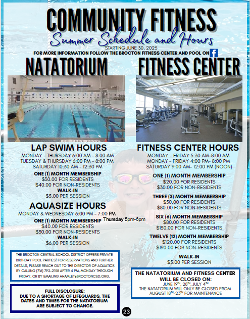 Natatorium & Fitness Center Summer Hours