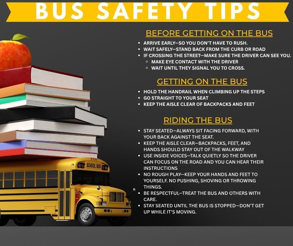 graphic with school bus, books with bus safety tips