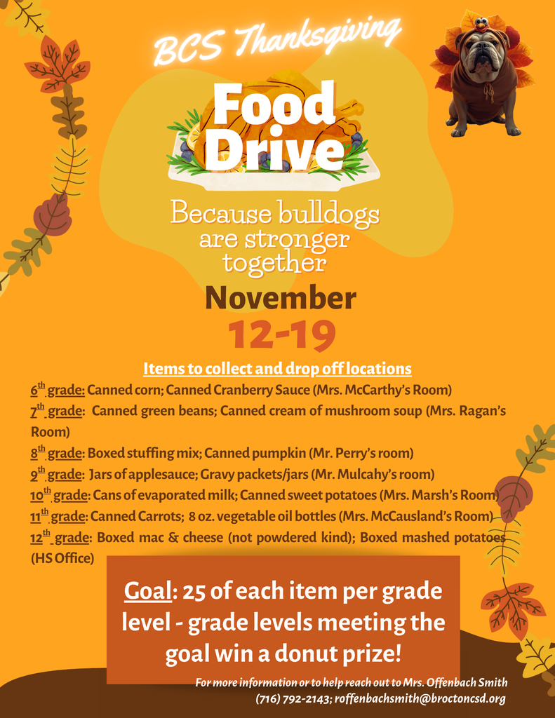 Thanksgiving Food Drive Poster describing items to be donated: 6th grade: Canned corn; Canned Cranberry Sauce (Mrs. McCarthy’s Room) 7th grade: Canned green beans; Canned cream of mushroom soup (Mrs. Ragan’s Room) 8th grade: Boxed stuffing mix; Canned pumpkin (Mr. Perry’s room) 9th grade: Jars of applesauce; Gravy packets/jars (Mr. Mulcahy’s room) 10th grade: Cans of evaporated milk; Canned sweet potatoes (Mrs. Marsh’s Room) 11th grade: Canned Carrots; 8 oz. vegetable oil bottles (Mrs. McCausland’s Room) 12th grade: Boxed mac & cheese (not powdered kind); Boxed mashed potatoes (HS Office)