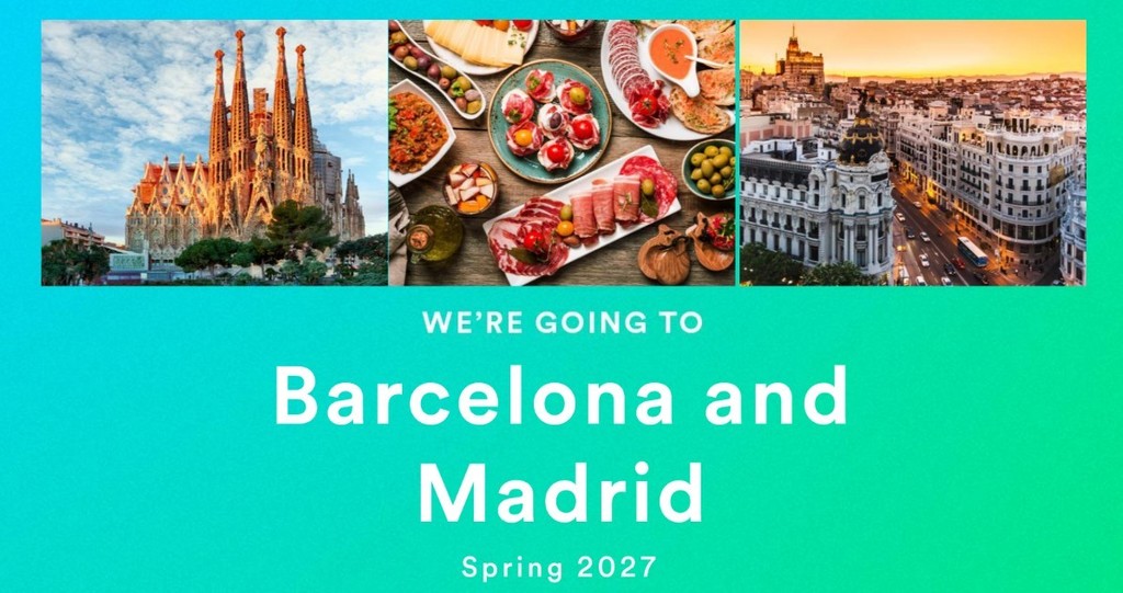 Brocton CSD Travel Club announcement: We're going to Barcelona and Madrid Spring 2027! Included are images of an ornate cathedral, a spread of traditional Spanish food, and a bird's eye view of a busy European street with golden skies above.