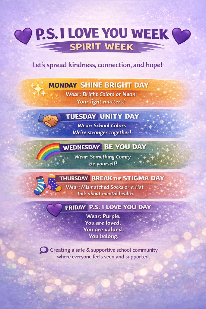 image of text describing each day of P.S. I Love You Spirit Week
