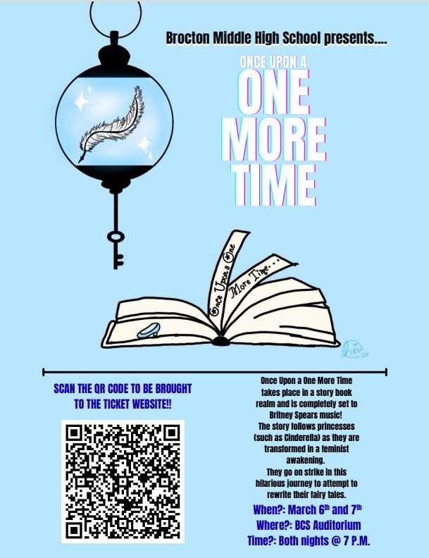 Once Upon a One More Time flyer. March 6th and 7th in the school's auditorium. Tickets are $10 if purchased by March 1st, and $12 if purchased afterwards. 