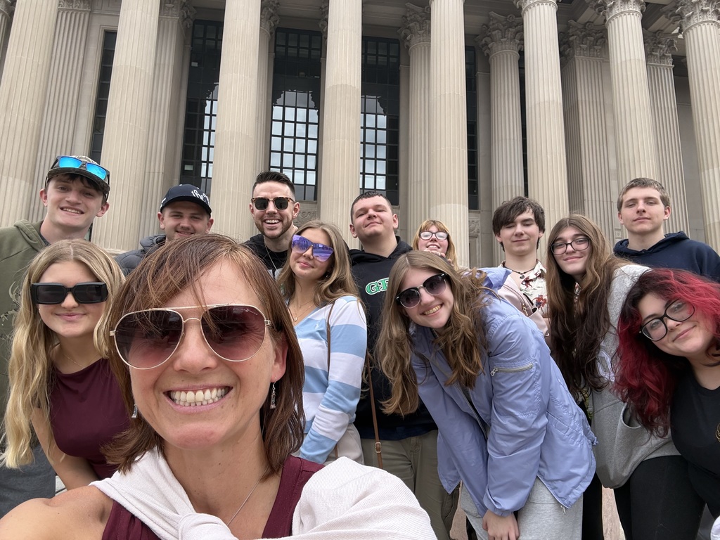 Smiles all around as Brocton students and teachers snap a selfie in front of the National Archives Building.