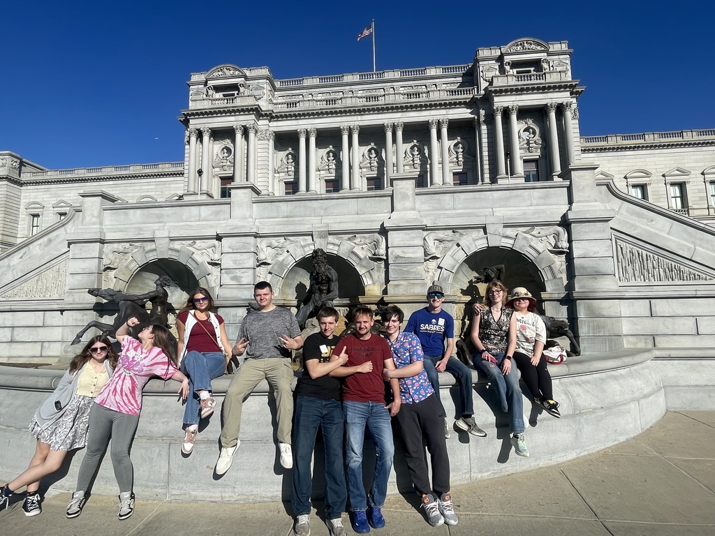 Brocton students posing in front of the beautiful Thomas Jefferson Building , the historic main building of the Library of Congress.