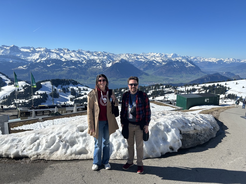 Mrs Ragan and Mr Perry on Mt Rigi with the Alps in the background