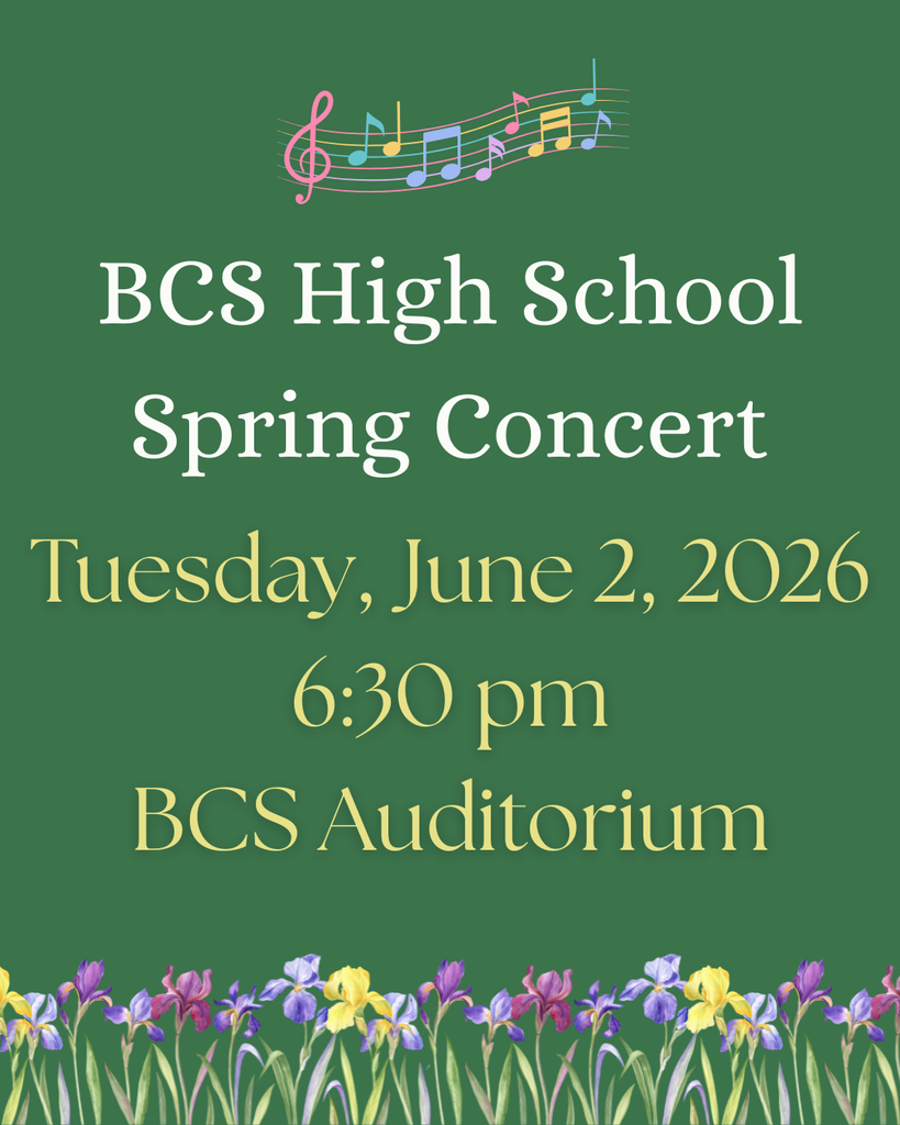 High School Concert Information on a green background with flowers.