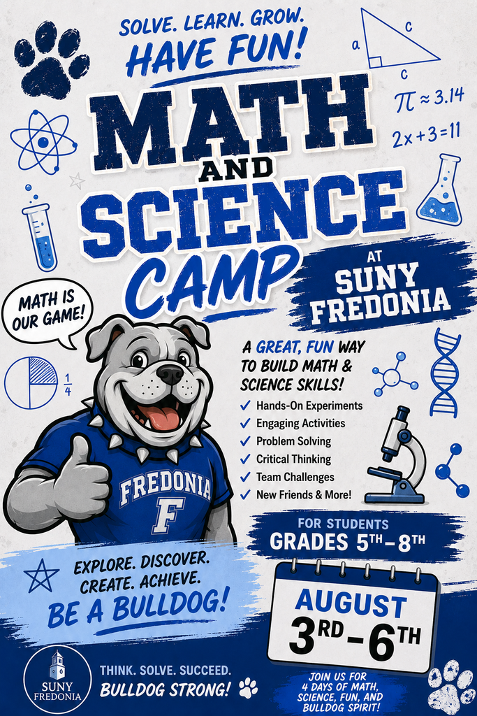 Flyer advertising a Math and Science Camp at SUNY Fredonia for students in Grades 5-8.