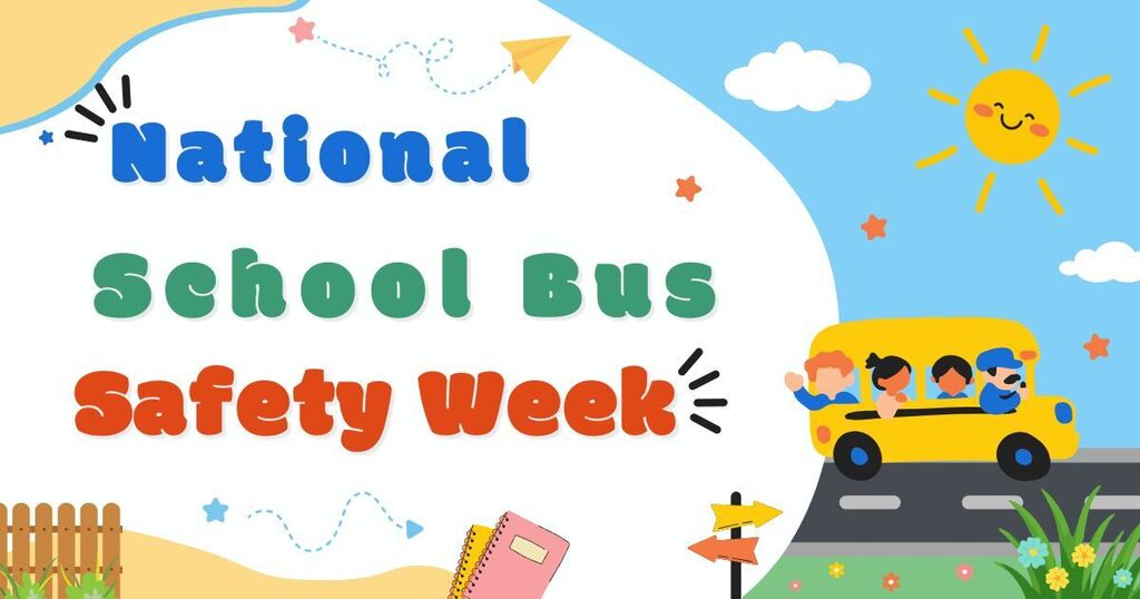graphic with school bus, students, notebooks, etc for national school bus safety week