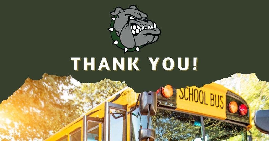 bulldog logo, thank you with school bus