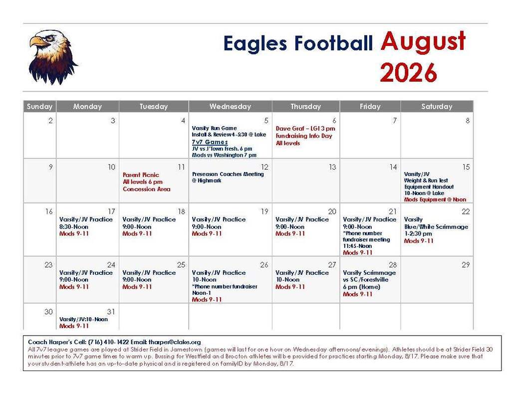Eagles Football August 2026 Practice Schedule