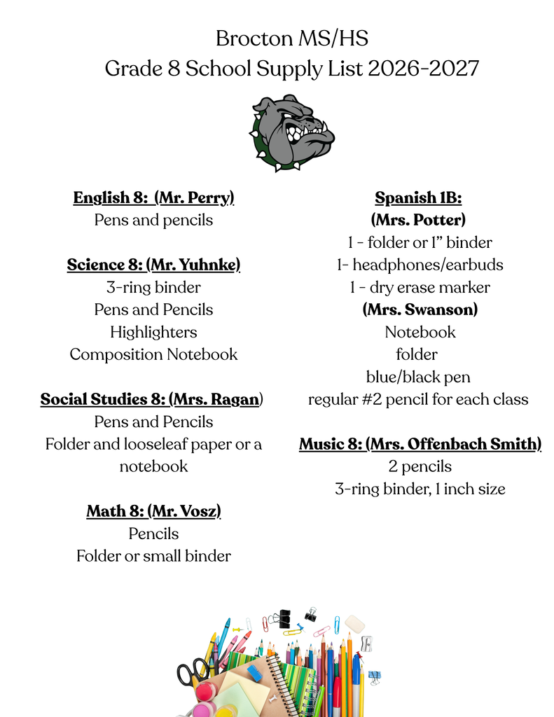 8th grade supply list for Brocton MS/HS