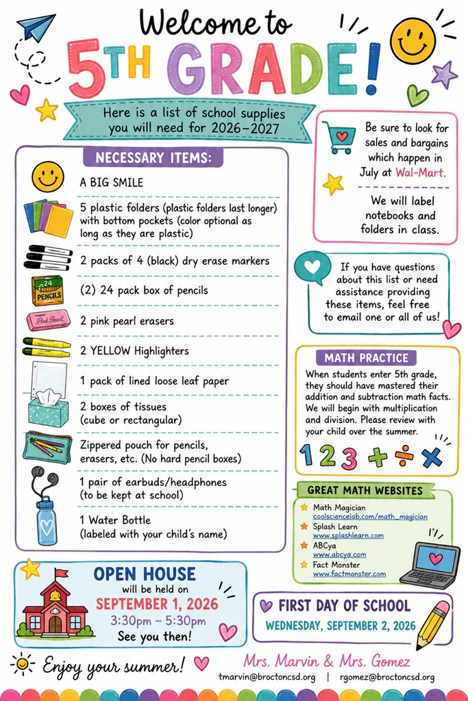 5th Grade School Supply List ‘26-‘27