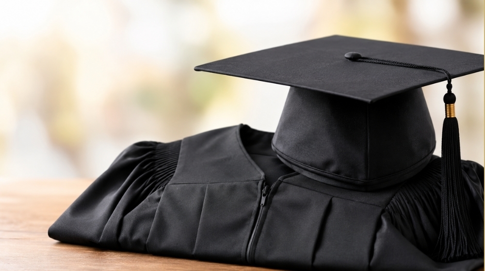 Black graduation cap with tassel resting on a folded black graduation gown on a wooden surface with a softly blurred background.