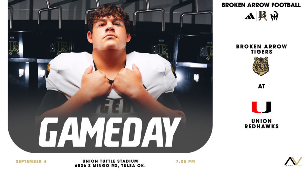 a game day graphic about the Union and Broken Arrow football game featuring a white background and a picture of a player in the locker room