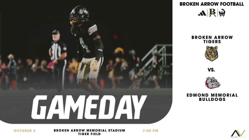 a white graphic with BA and Edmond Memorial text about a football game that is tonight