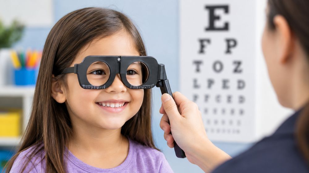 Student participating in a vision screening with an eye care professional.