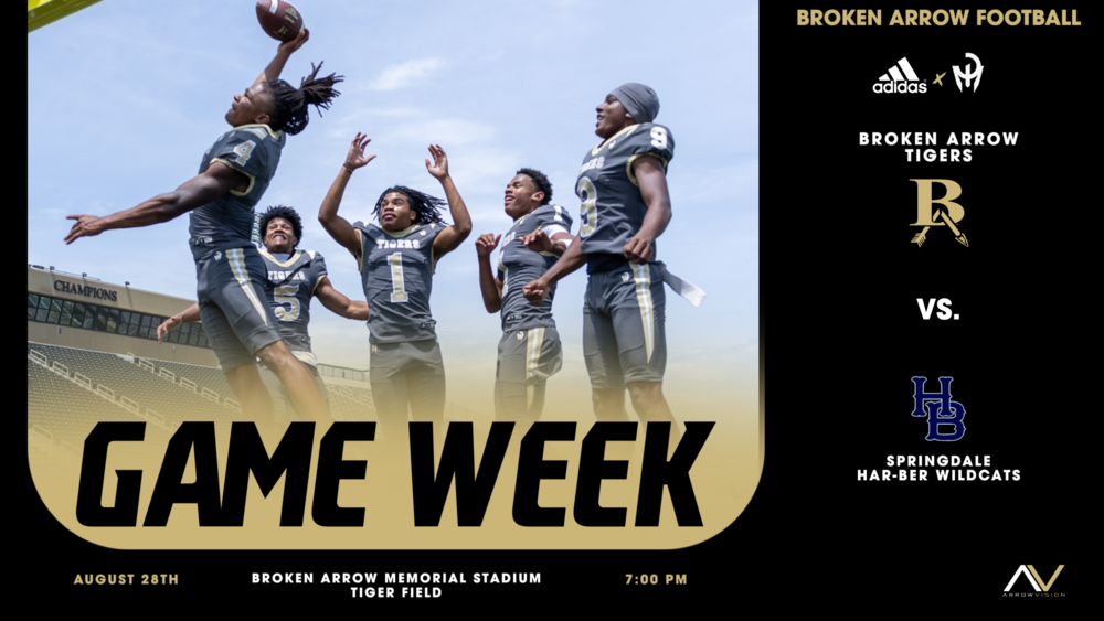 a graphic to sign up for media passes for the football game between Broken Arrow and Springdale Har-Ber featuring 5 BA Football players jumping in the air dunking a ball over the goal post