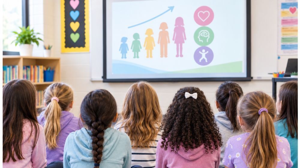 Elementary school girls seated in a classroom watching a presentation about growth and development.