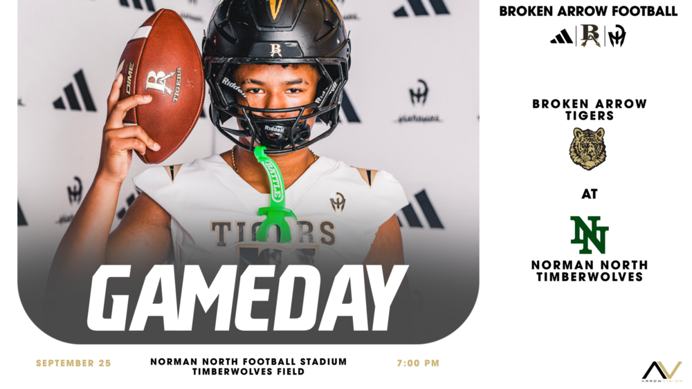 a white graphic with text that talks about the Broken Arrow and Norman North football game