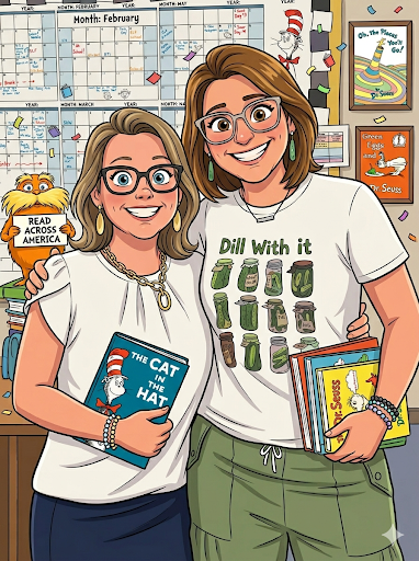 Mrs. Archer & Mrs. Lewis ready and dressed for Read Across America Week w/Dr. Seuss books!