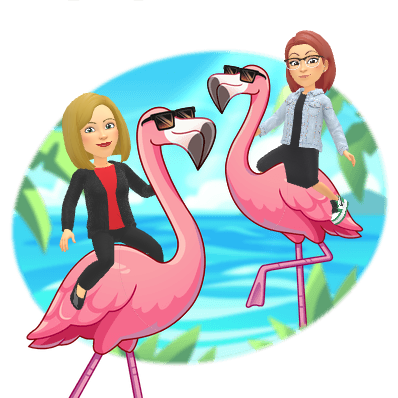 Archer & Lewis sitting on Flamingos w/tropical background