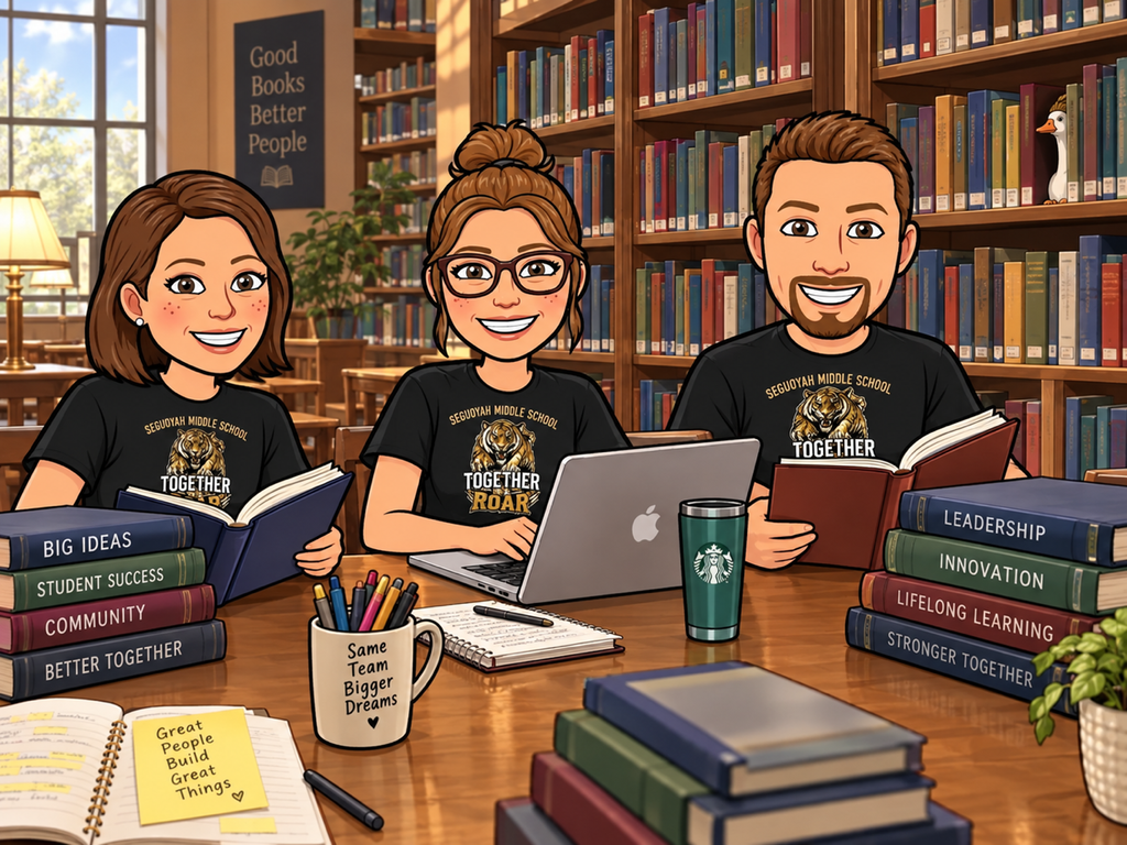 Mrs. Archer, Mrs. Lewis and Mr. Ramsay sitting in the library.