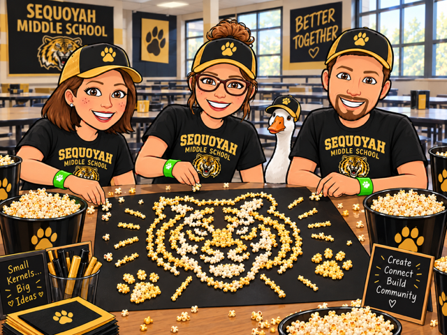 Admin team in cafeteria making crafts with popcorn.