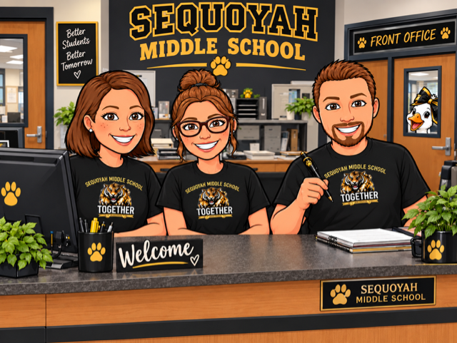 Admin team welcoming parents in the front office.
