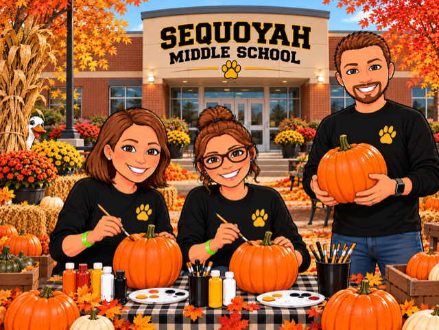 Admin painting pumpkins.