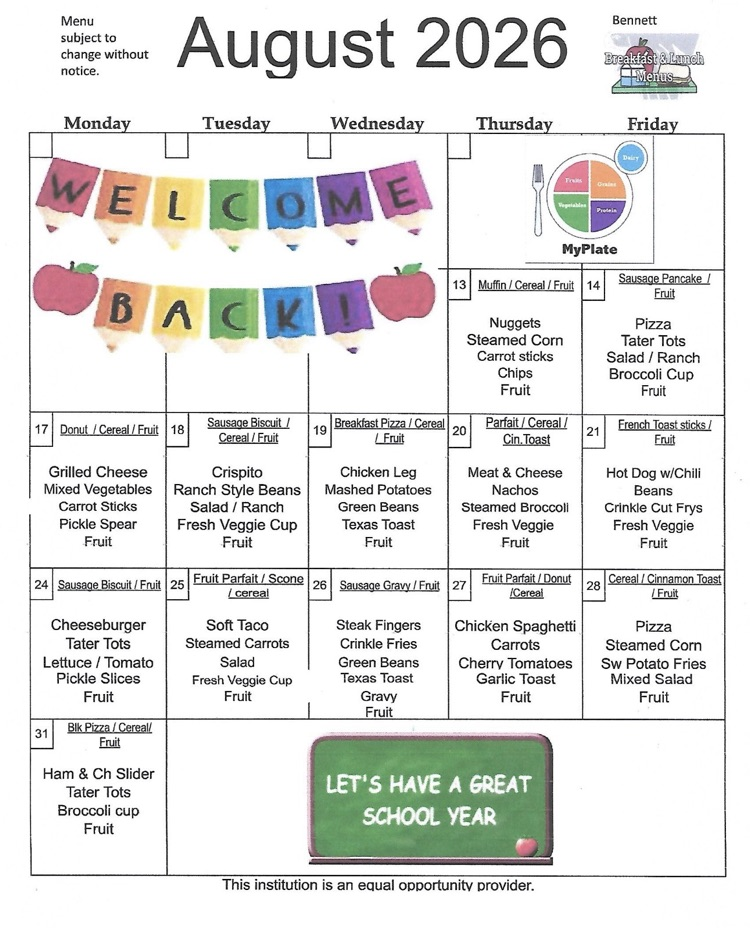 Bennett menu for August