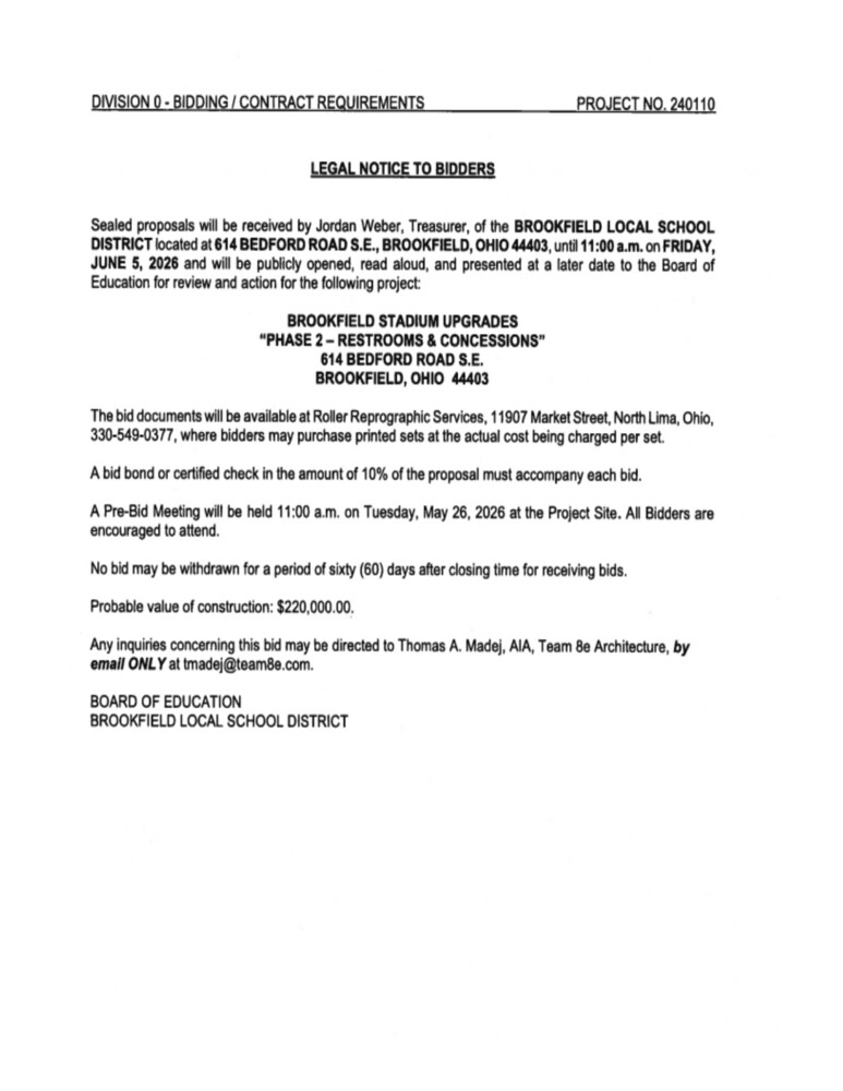 Stadium Upgrade - Legal Notice to Bidders - 6/5/26