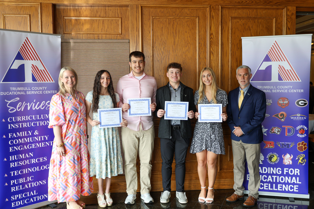 On April 30, Alexia Baker, Rylie Burdge, Braydon DeMaria, and Gianni Kolat were recognized at the Trumbull County Honors Breakfast for their outstanding academic achievements. Alexia Baker was also honored as the nominee for the Franklin B. Walter Award, recognizing her excellence in academics, leadership, and dedication to success. This event was sponsored by the Trumbull County Educational Service Center and the Trumbull County Superintendents Association.