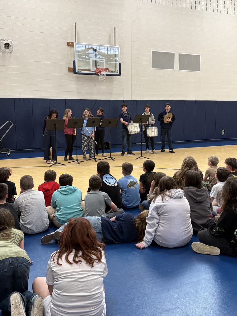 🎶 Members of the High School Band visited our 4th grade students to give them a fun and interactive demonstration as they prepare to join band next year! Students had the chance to hear different instruments, learn about the band program, and get excited about the opportunities ahead.  A big thank you to our high school musicians for sharing their talents and helping inspire the next generation of band members! 🎺🥁🎷