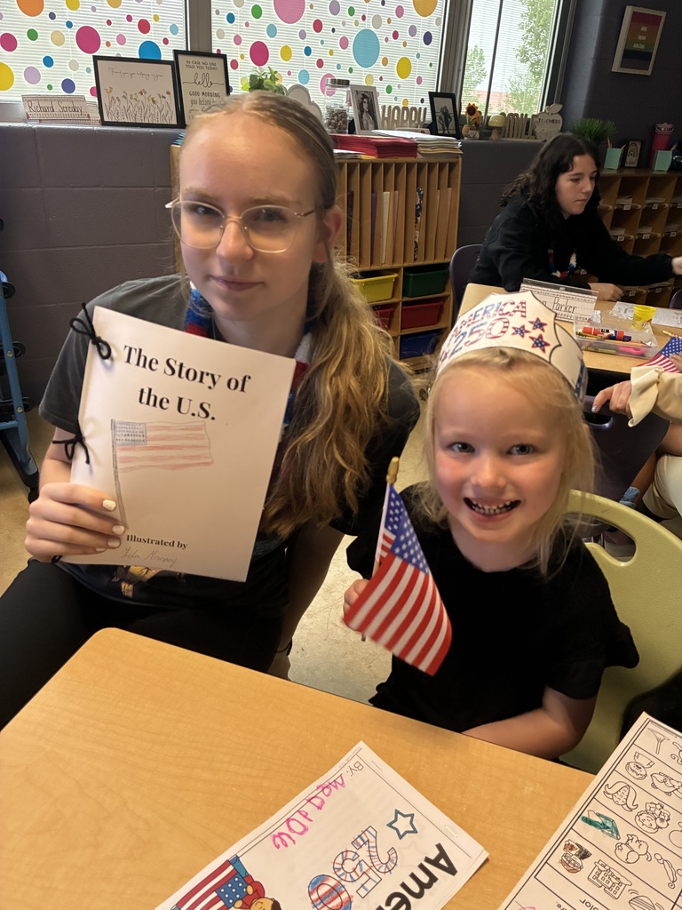 8th Grade “Bigs” visited their Kindergarten “Littles” for the final time this school year! ❤️💙  Students spent time together creating America 250 crafts, and our 8th graders shared their “Story of the U.S.” books by reading them aloud to the kindergarteners.