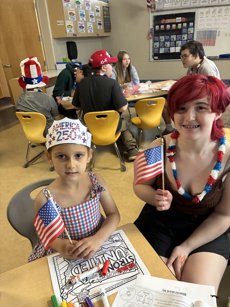 8th Grade “Bigs” visited their Kindergarten “Littles” for the final time this school year! ❤️💙  Students spent time together creating America 250 crafts, and our 8th graders shared their “Story of the U.S.” books by reading them aloud to the kindergarteners.