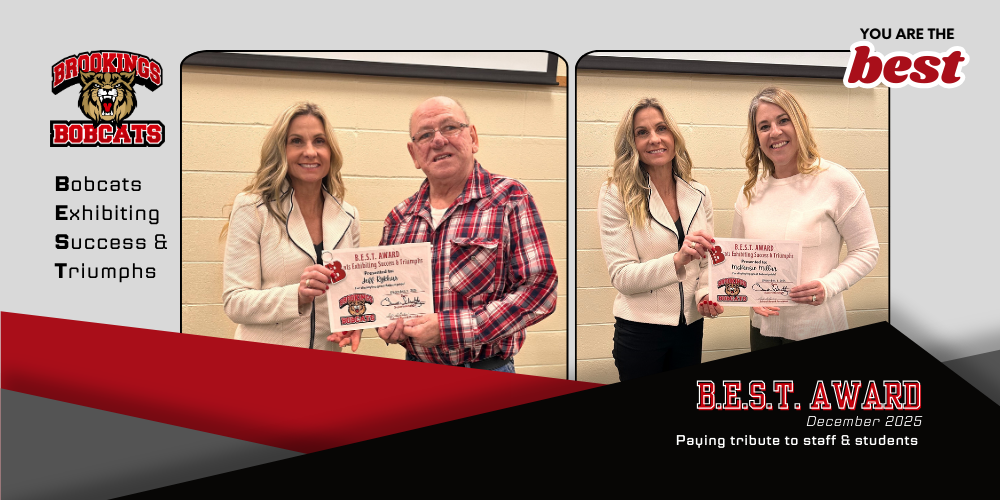 Decorative Image of two December BEST award winners standing with the superintendent with their certificates. 