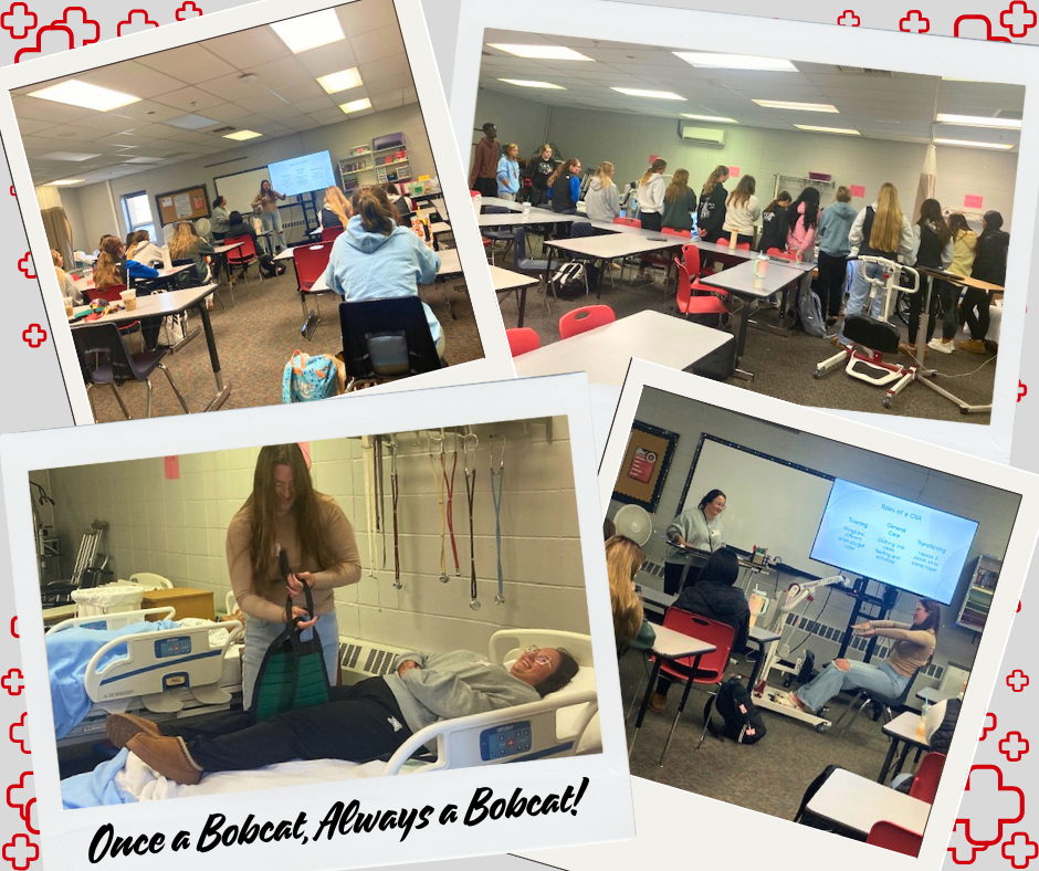 four images of maddi and ramsey showing the cna class how to use a hoyer lift and presenting in front of the classroom.