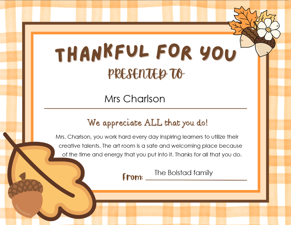 picture shows a certificate that enters all of the information from families to thank the teacher. 