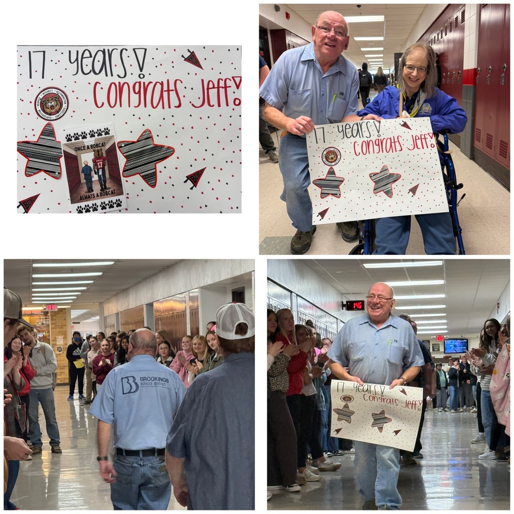 collage image of Jeff walking the halls as students are line up on the lockers on each side of him. In two photos, Jeff is holding a sign congratulating him on his 17 years of service. 
