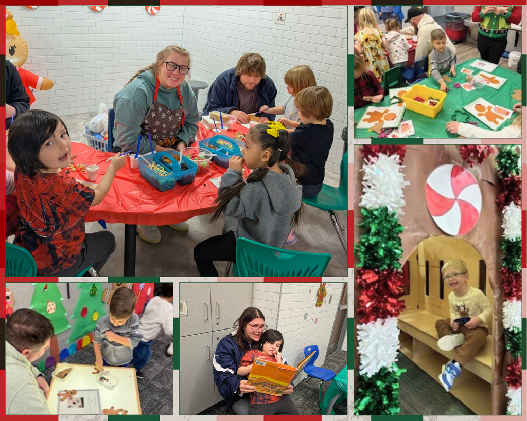 Collage image of staff, families, and learners engaging in gingerbread-themed activities. Parents reading books to their kids, teachers helping learners with activities at a table, a student in a decorated gingerbread house. 